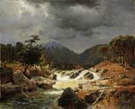 norwegian landscape with fox at a mountain torrent